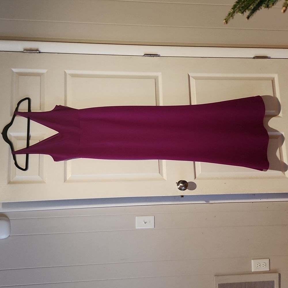 A plum colored fitted ballgown dress